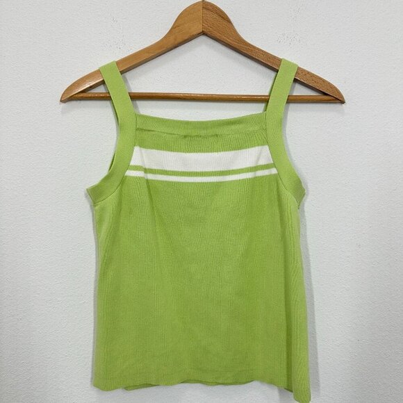 Vintage 90s Papillon Pastel Lime Green Sweater Set, Size M - Unique Striped Trim - Picture 4 of 9